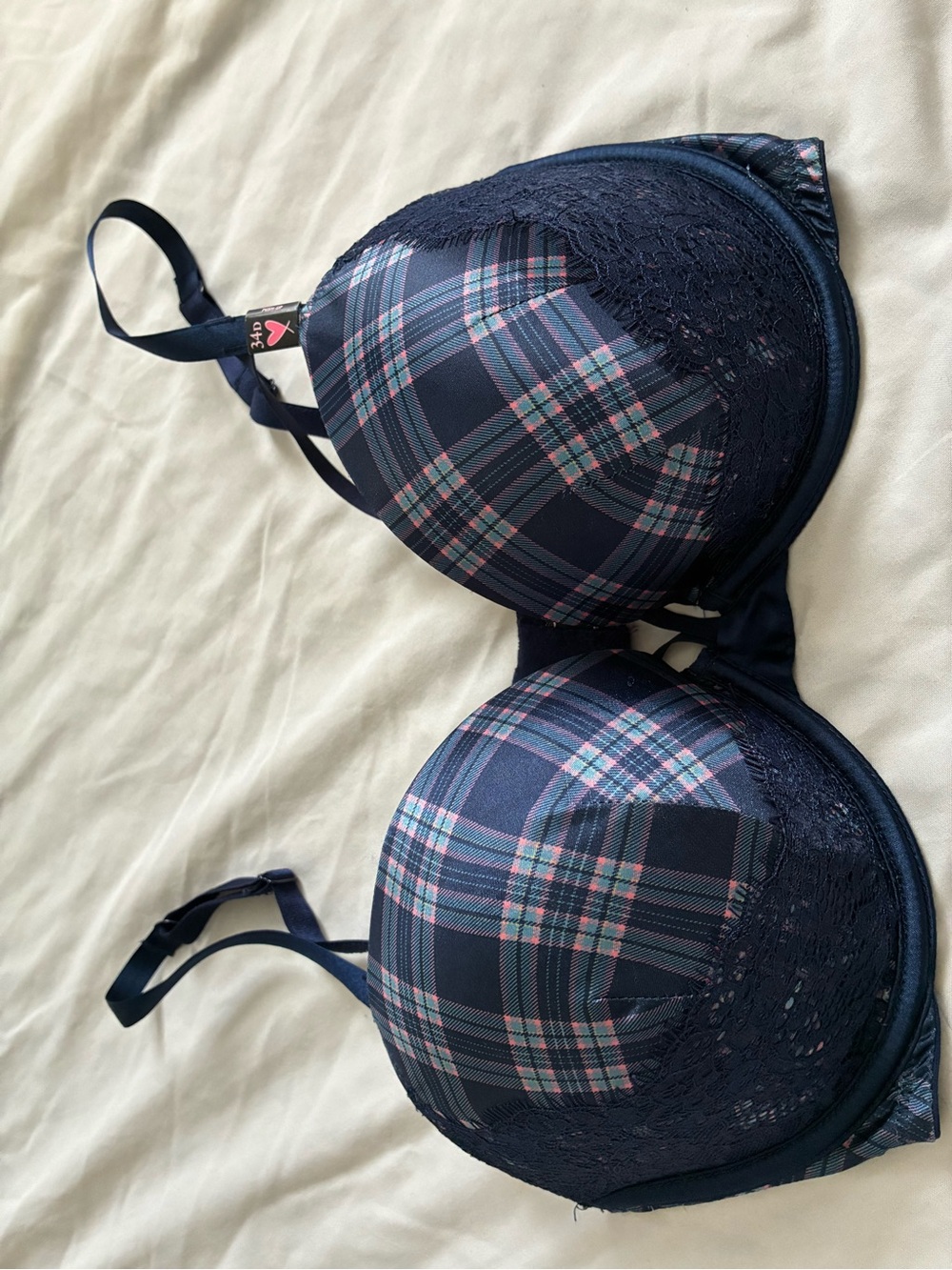 Victoria's Secret Navy Plaid Lace-Trim Underwire Bra